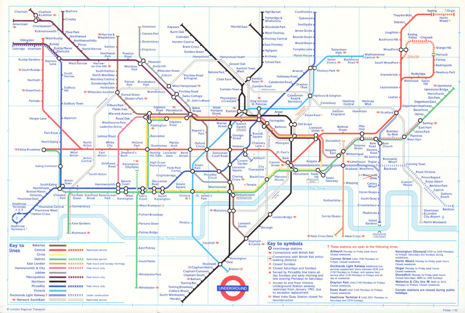 LONDON UNDERGROUND tube journey planner map DLR Bank open/Beckton u/c March 1992